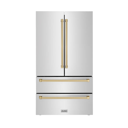 ZLINE Autograph Edition 36 in. 22.5 cu. ft. Counter-Depth French Door Refrigerator with Ice Maker in Fingerprint-Resistant Stainless Steel with Champagne Bronze Traditional Handles (RFMZ-36-CB) main image.