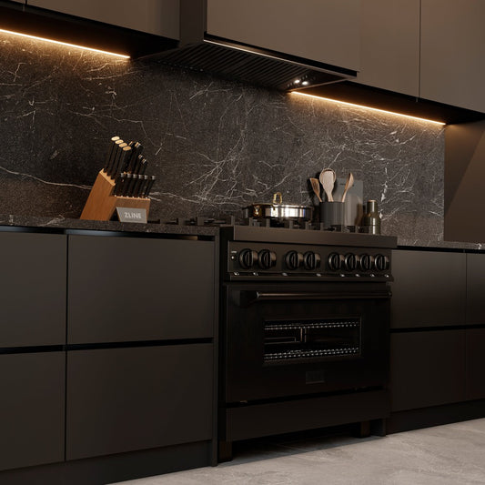 ZLINE 36 in. 4.6 cu. ft. Legacy Dual Fuel Range with Gas Cooktop and Electric Convection Oven in Black Stainless Steel with 6 Brass Burners (RAB-BR-36) in a luxury kitchen.