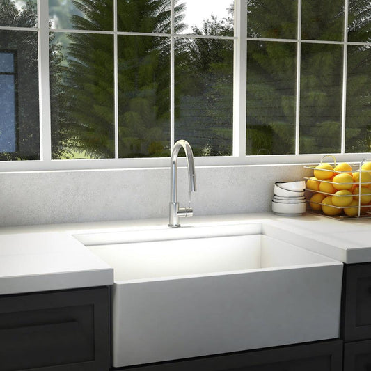 ZLINE Arthur Pull Down Single Handle Kitchen Faucet in Chrome (ATH-KF-CH) in a cottage-style kitchen.