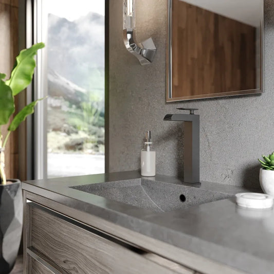 ZLINE Eagle Falls Waterfall Vessel Sink Single Handle Bath Faucet in Gun Metal (EAG-BF-GM) in a luxury bathroom.