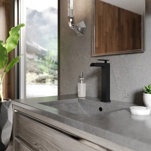 ZLINE Eagle Falls Waterfall Vessel Sink Single Handle Bath Faucet in Matte Black (EAG-BF-MB) in a luxury bathroom.