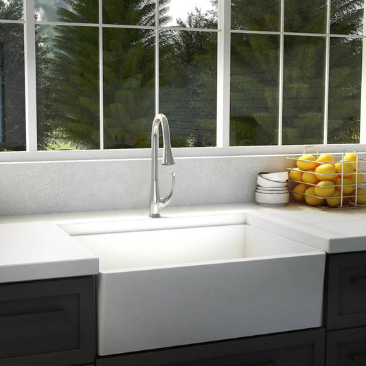 ZLINE Castor Pull Down Single Handle Kitchen Faucet in Chrome (CAS-KF-CH) in a farmhouse kitchen.