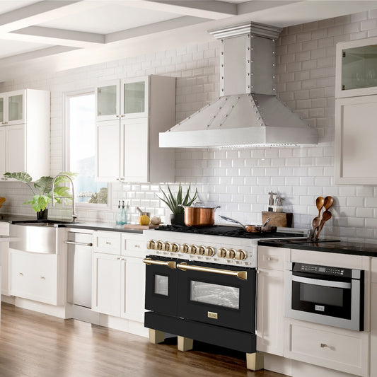 ZLINE Autograph Edition 48 in. 6.0 cu. ft. Legacy Dual Fuel Range with 7 Burner Gas Cooktop and 2 Electric Ovens in Satin Stainless Steel with Black Matte Doors and Champagne Bronze Accents (RASZ-BLM-48-CB)