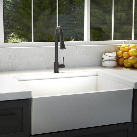 ZLINE Edison Pull Down Single Handle Kitchen Faucet in Matte Black (EDS-KF-MB) in a farmhouse kitchen.