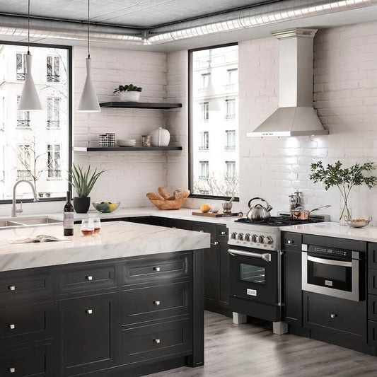 ZLINE 24 in. 2.8 cu. ft. Legacy Dual Fuel Range with 4 Burner Gas Cooktop and Electric Convection Oven in Satin Stainless Steel and Black Matte Door (RAS-BLM-24)