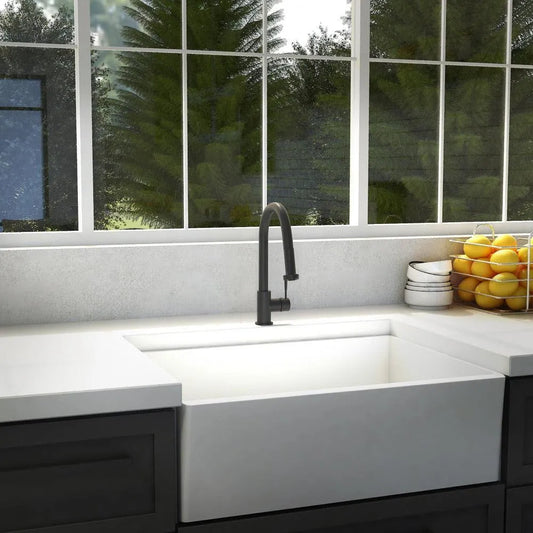 ZLINE Monet Pull Down Single Handle Kitchen Faucet in Matte Black (MON-KF-MB) in a farmhouse kitchen.