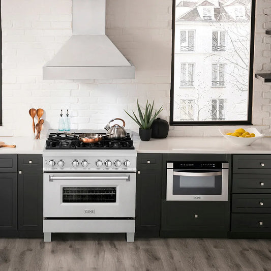 Modern kitchen with ZLINE 36 in. 4.6 cu. ft. Legacy Dual Fuel Range with 6 Burner Gas Cooktop and Electric Convection Oven in Satin Stainless Steel (RAS-SN-36) and black cabinets
