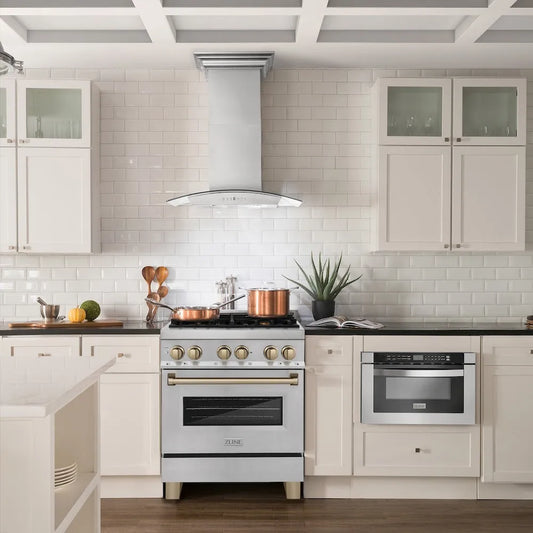 Farmhouse kitchen with ZLINE Autograph Edition 30 in. 4.0 cu. ft. Legacy Dual Fuel Range with 4 Burner Gas Cooktop and Electric Convection Oven in Satin Stainless Steel and Champagne Bronze Accents (RASZ-SN-30-CB) and black countertops