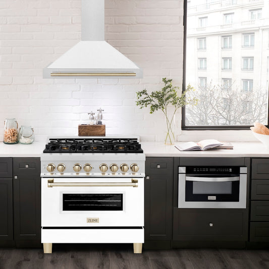 ZLINE Autograph Edition 36 in. Convertible Satin Stainless Steel Wall Mount Range Hood with White Matte Shell and Polished Gold Handle (KB4SNZ-WM36-G)