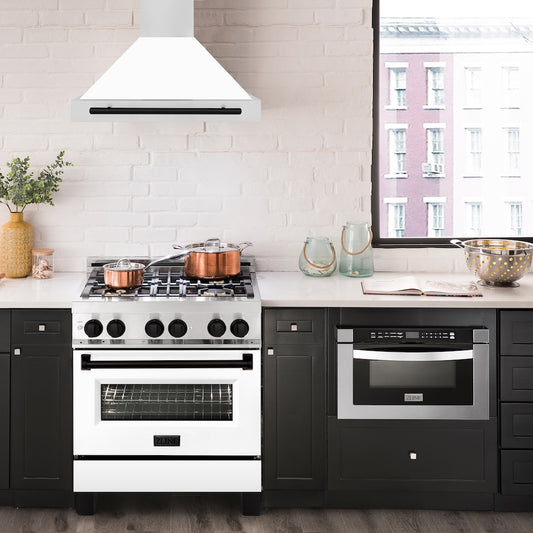 ZLINE Autograph Edition 30 in. Convertible Stainless Steel Range Hood with White Matte Shell and Matte Black Accents (KB4STZ-WM30-MB)