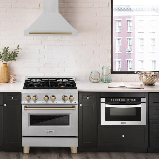 ZLINE Autograph Edition 30 in. Convertible Satin Stainless Steel Wall Mount Range Hood with Champagne Bronze Handle (KB4SNZ-30-CB)