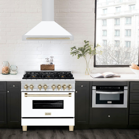 ZLINE Autograph Edition 36 in. Convertible Stainless Steel Range Hood with White Matte Shell and Polished Gold Accents (KB4STZ-WM36-G)