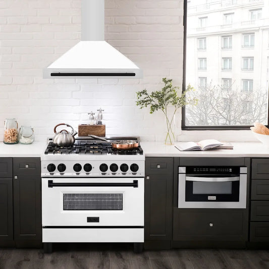 ZLINE Autograph Edition 36 in. Convertible Stainless Steel Range Hood with White Matte Shell and Matte Black Accents (KB4STZ-WM36-MB)