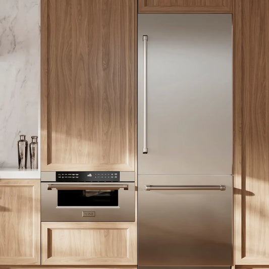 ZLINE 30 in. 16.1 cu. ft. Built-In Bottom Freezer Refrigerator with Water Dispenser and Ice Maker in Stainless Steel with Graphite Gray Interior (GRBIV-304-30) lifestyle, in a luxury kitchen.
