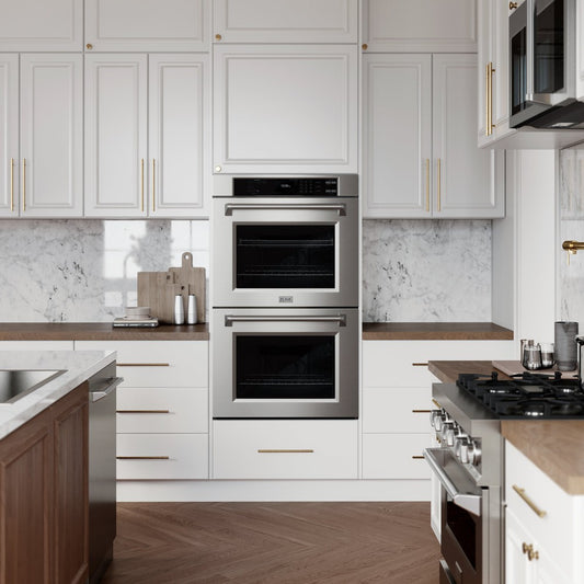 ZLINE 30 in. Professional True Convection Double Wall Oven with Air Fry and Self Clean in Stainless Steel (WAD-30) in a luxury kitchen.