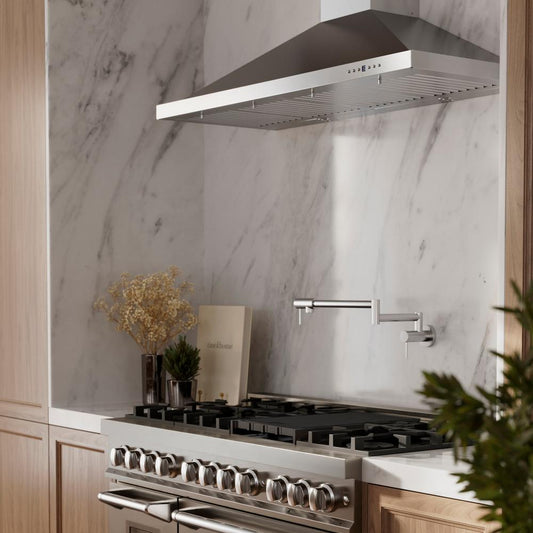 ZLINE Gemini Pot Filler in Chrome (GEM-FPF-CH) in a kitchen with stainless steel range and range hood against a marble wall.