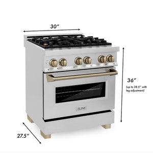ZLINE Autograph Edition 30 in. 4.0 cu. ft. Dual Fuel Range with Gas Stove and Electric Oven in Stainless Steel with Champagne Bronze Accents (RAZ-30-CB) dimensions for installation