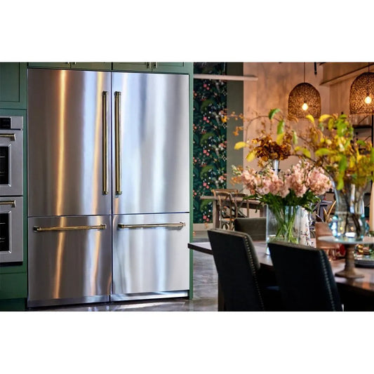 ZLINE Autograph Edition 60 in. 32.2 cu. ft. French Door Built-In Bottom Freezer Refrigerator with Water Dispenser and Ice Maker in Stainless Steel with Polished Gold Accents (RBIVZ-304-60-G) in a luxury kitchen with a dining area in the background
