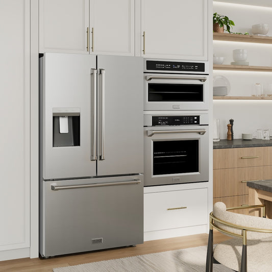 Modern kitchen with ZLINE 36 in. 28.9 cu. ft. Standard-Depth French Door External Water Dispenser Refrigerator with Dual Ice Maker in Fingerprint-Resistant Stainless Steel (RSM-W-36) and wall ovens.
