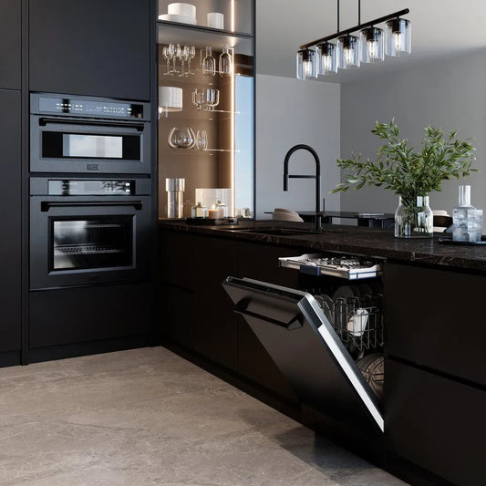 ZLINE Incline Pull Down Single Handle Kitchen Faucet in Matte Black (INC-KF-MB) in a modern kitchen with dark accents, side.