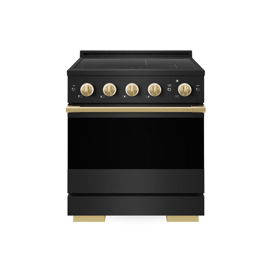 ZLINE Autograph Edition 30 in. 4.2 cu. ft. Marino Induction Range with 4 Element Cooktop and Electric Convection Oven in Black Stainless Steel with Polished Gold Accents (MINRBZ-30-G) main image.