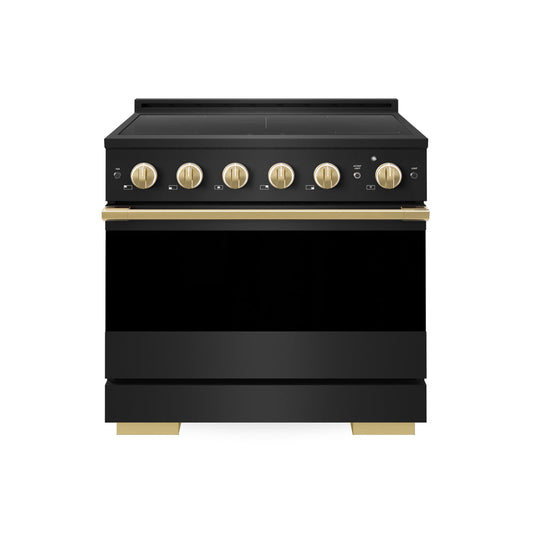 ZLINE Autograph Edition 36 in. 5.2 cu. ft. Marino Induction Range with 5 Element Cooktop and Electric Convection Oven in Black Stainless Steel with Polished Gold Accents (MINRBZ-36-G) main image.