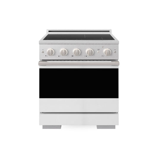 ZLINE 30 in. 4.2 cu. ft. Marino Induction Range with 4 Element Cooktop and Electric Convection Oven in Satin Stainless Steel with White Matte Door (MINRS-WM-30) main image.