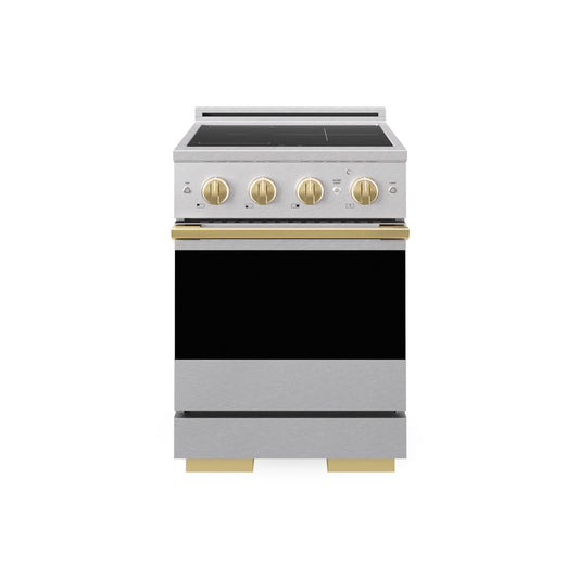 ZLINE Autograph Edition 24 in. 3.2 cu. ft. Marino Induction Range with 3 Element Cooktop and Electric Convection Oven in Satin Stainless Steel with Polished Gold Accents (MINRSZ-24-G) main image.