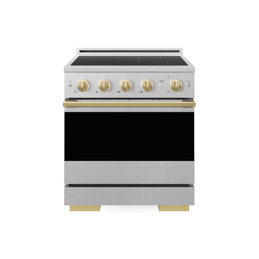 ZLINE Autograph Edition 30 in. 4.2 cu. ft. Marino Induction Range with 4 Element Cooktop and Electric Convection Oven in Satin Stainless Steel with Polished Gold Accents (MINRSZ-30-G) main image.