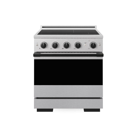ZLINE Autograph Edition 30 in. 4.2 cu. ft. Marino Induction Range with 4 Element Cooktop and Electric Convection Oven in Satin Stainless Steel with Matte Black Accents (MINRSZ-30-MB) main image.