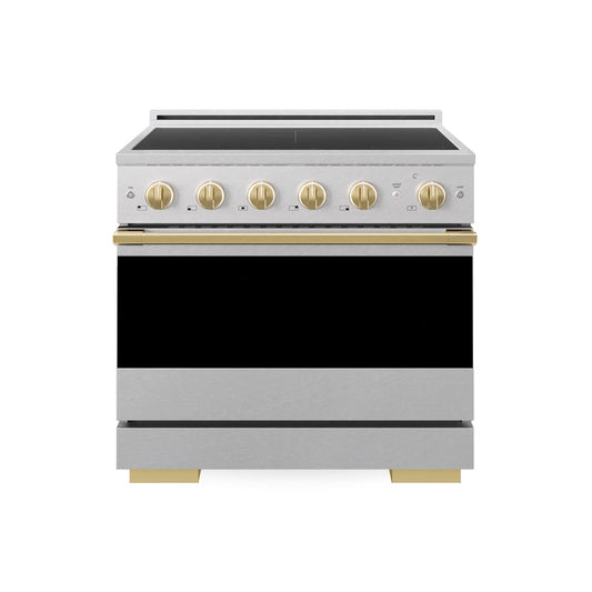 ZLINE Autograph Edition 36 in. 5.2 cu. ft. Marino Induction Range with 5 Element Cooktop and Electric Convection Oven in Satin Stainless Steel with Polished Gold Accents (MINRSZ-36-G) main image.