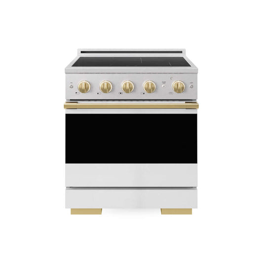 ZLINE Autograph Edition 30 in. 4.2 cu. ft. Marino Induction Range with 4 Element Cooktop and Electric Convection Oven in Satin Stainless Steel with White Matte Door and Polished Gold Accents (MINRSZ-WM-30-G) main image.