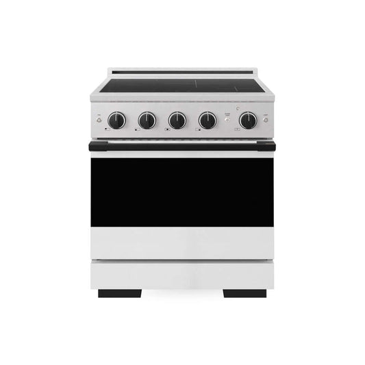 ZLINE Autograph Edition 30 in. 4.2 cu. ft. Marino Induction Range with 4 Element Cooktop and Electric Convection Oven in Satin Stainless Steel with White Matte Door and Matte Black Accents (MINRSZ-WM-30-MB) main image.