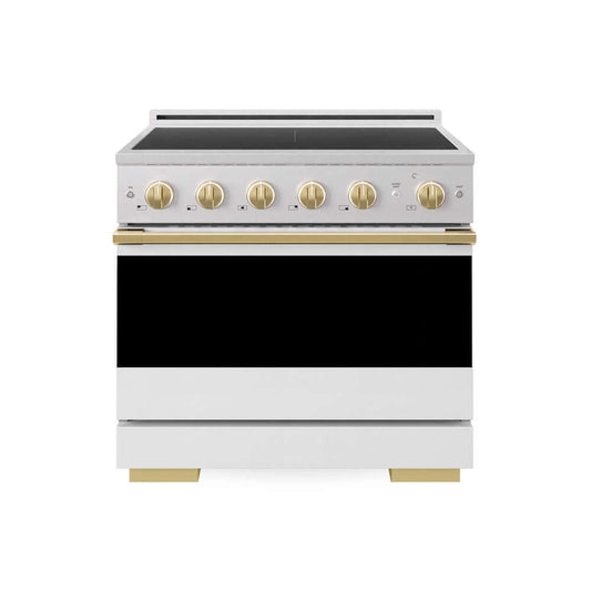 ZLINE Autograph Edition 36 in. 5.2 cu. ft. Marino Induction Range with 5 Element Cooktop and Electric Convection Oven in Satin Stainless Steel with White Matte Door and Polished Gold Accents (MINRSZ-WM-36-G) main image.