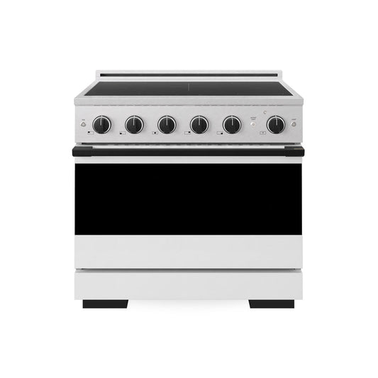 ZLINE Autograph Edition 36 in. 5.2 cu. ft. Marino Induction Range with 5 Element Cooktop and Electric Convection Oven in Satin Stainless Steel with White Matte Door and Matte Black Accents (MINRSZ-WM-36-MB) main image.