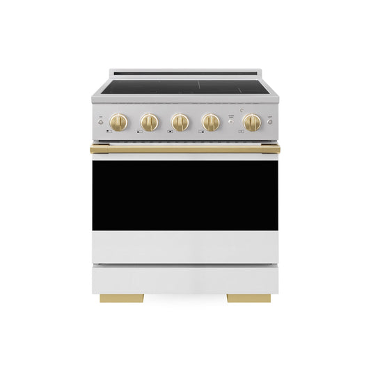 ZLINE Autograph Edition 30 in. 4.2 cu. ft. Marino Induction Range with 4 Element Cooktop and Electric Convection Oven in Stainless Steel with White Matte Door and Polished Gold Accents (MINRZ-WM-30-G) main image.