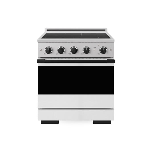 ZLINE Autograph Edition 30 in. 4.2 cu. ft. Marino Induction Range with 4 Element Cooktop and Electric Convection Oven in Stainless Steel with White Matte Door and Matte Black Accents (MINRZ-WM-30-MB) main image.