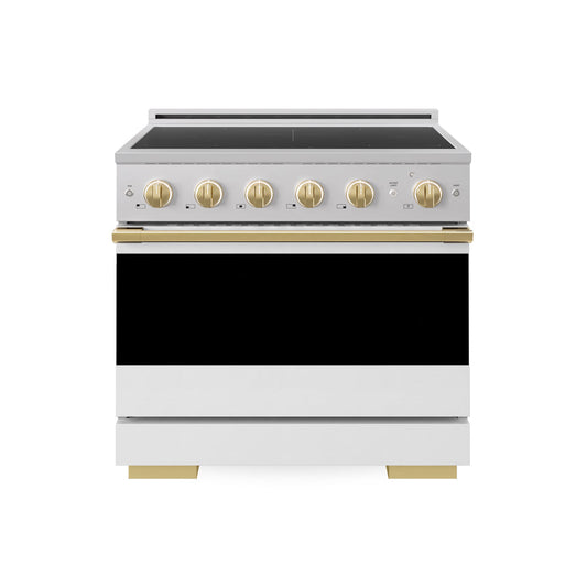 ZLINE Autograph Edition 36 in. 5.2 cu. ft. Marino Induction Range with 5 Element Cooktop and Electric Convection Oven in Stainless Steel with White Matte Door and Polished Gold Accents (MINRZ-WM-36-G) main image.