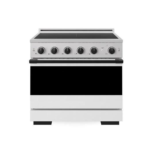 ZLINE Autograph Edition 36 in. 5.2 cu. ft. Marino Induction Range with 5 Element Cooktop and Electric Convection Oven in Stainless Steel with White Matte Door and Matte Black Accents (MINRZ-WM-36-MB) main image.