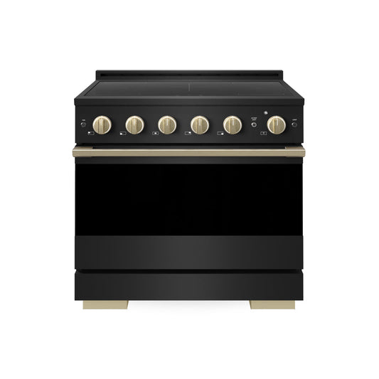 ZLINE Autograph Edition 36 in. 5.2 cu. ft. Marino Induction Range with 5 Element Cooktop and Electric Convection Oven in Black Stainless Steel with Champagne Bronze Accents (MINRBZ-36-CB) main image.
