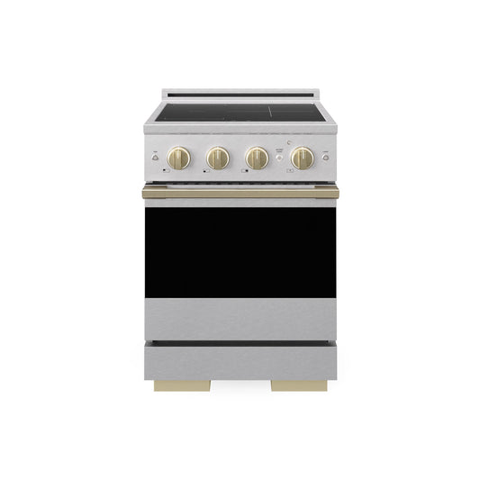 ZLINE Autograph Edition 24 in. 3.2 cu. ft. Marino Induction Range with 3 Element Cooktop and Electric Convection Oven in Satin Stainless Steel with Champagne Bronze Accents (MINRSZ-24-CB) main image.