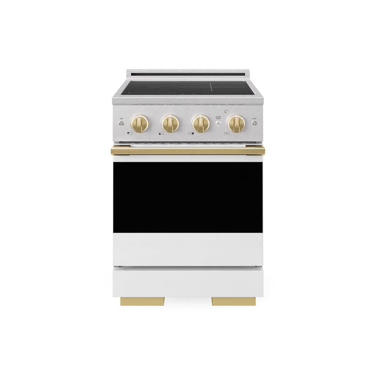 ZLINE Autograph Edition 24 in. 3.2 cu. ft. Marino Induction Range with 3 Element Cooktop and Electric Convection Oven in Satin Stainless Steel with White Matte Door and Polished Gold Accents (MINRSZ-WM-24-G) main image.