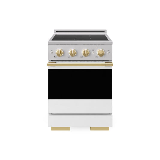 ZLINE Autograph Edition 24 in. 3.2 cu. ft. Marino Induction Range with 3 Element Cooktop and Electric Convection Oven in Stainless Steel with White Matte Door and Polished Gold Accents (MINRZ-WM-24-G) main image.
