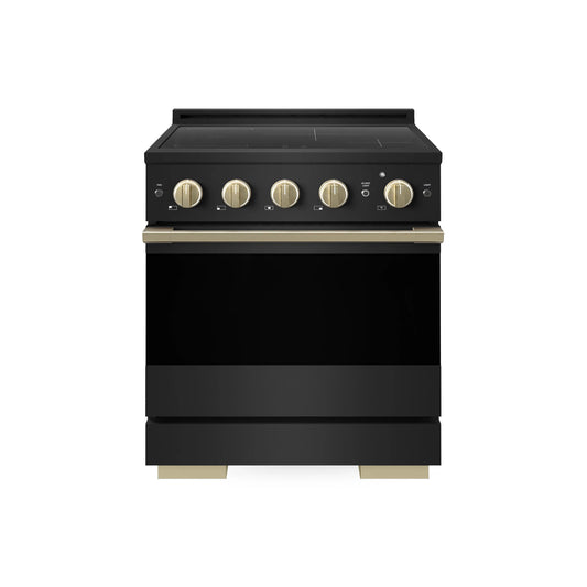 ZLINE Autograph Edition 30 in. 4.2 cu. ft. Marino Induction Range with 4 Element Cooktop and Electric Convection Oven in Black Stainless Steel with Champagne Bronze Accents (MINRBZ-30-CB) main image.