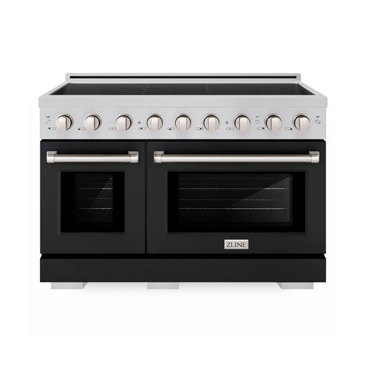 ZLINE 48 in. 6.7 cu. ft. Paramount Induction Range with 7 Element Cooktop and Dual Ovens in Satin Stainless Steel with Black Matte Doors (SINRS-BLM-48) main image.