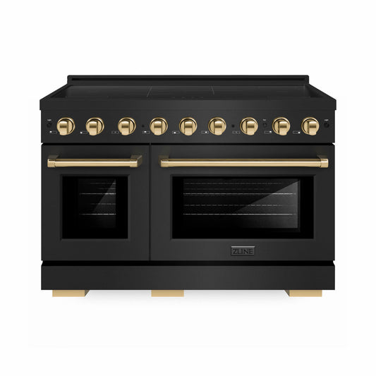 ZLINE Autograph Edition 48 in. 6.7 cu. ft. Paramount Induction Range with 7 Element Cooktop and Dual Ovens in Black Stainless Steel with Polished Gold Accents (SINRBZ-48-G) main image.