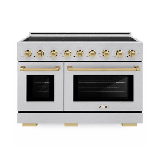 ZLINE Autograph Edition 48 in. 6.7 cu. ft. Paramount Induction Range with 7 Element Cooktop and Dual Ovens in Satin Stainless Steel with Champagne Bronze Accents (SINRSZ-48-CB) main image.
