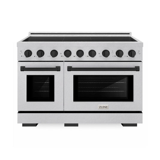 ZLINE Autograph Edition 48 in. 6.7 cu. ft. Paramount Induction Range with 7 Element Cooktop and Dual Ovens in Satin Stainless Steel with Matte Black Accents (SINRSZ-48-MB) main image.