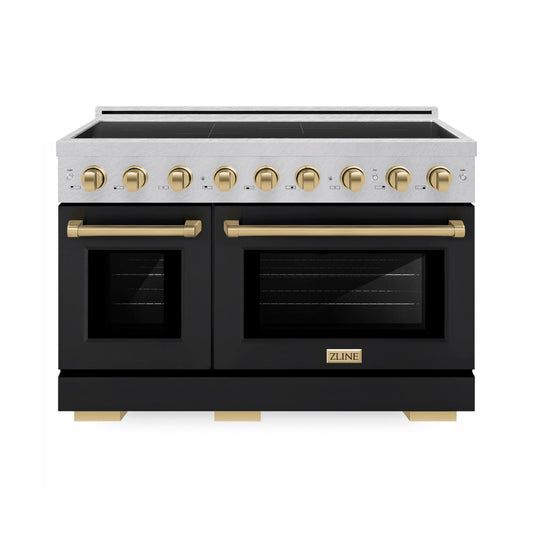 ZLINE Autograph Edition 48 in. 6.7 cu. ft. Paramount Induction Range with 7 Element Cooktop and Dual Ovens in Satin Stainless Steel with Black Matte Doors and Champagne Bronze Accents (SINRSZ-BLM48-CB) main image.