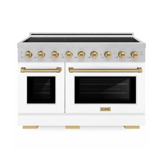 ZLINE Autograph Edition 48 in. 6.7 cu. ft. Paramount Induction Range with 7 Element Cooktop and Dual Ovens in Satin Stainless Steel with White Matte Doors and Champagne Bronze Accents (SINRSZ-WM-48-CB) main image.